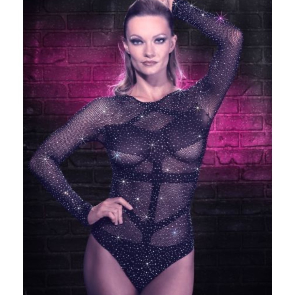 Brand New CalExotics Radiance Black Long Sleeve Bodysuit Mesh Fishnet Rhinestone